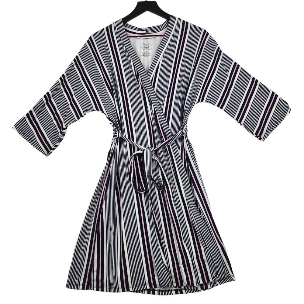 Laura Ashley Wrap Dress Size‎ Medium Blue White Pink Striped 3/4 Sleeve
